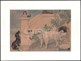 Mühlbeck Károly (1869-1943): Kutyák és macska. Akvarell, papír, jelzett, paszpartuban 17x25 cm Szélé...