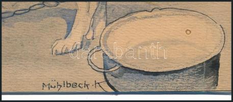 Mühlbeck Károly (1869-1943): Kutyák és macska. Akvarell, papír, jelzett, paszpartuban 17x25 cm Szélé...