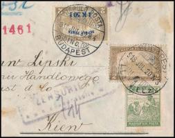 1918. július 20-án Budapesten feladott ajánlott cenzúrázott légi levél Kijevbe, a Budapest-Bécs-Krak...