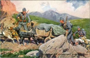 Gebirgstrain am südwestlichen Kriegsschauplatz / WWI K.u.k. military art postcard, mountain troops w...