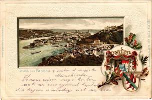 1902 Passau. Verlag M. Gruber Passepartoutkarte Art Nouveau, Emb. litho with coat of arms (tiny pinh...
