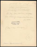 1948 Albok, John (Albok, János) (1896 - 1982): New York, zenész a jubileumi ünnepségen, hátoldalon f...