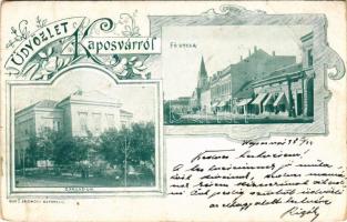 1898 Kaposvár, Gimnázium, Fő utca, üzletek. Gerő Zsigmond kiadása, Art Nouveau, floral (vágott / cut...