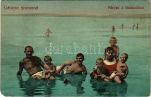 Balatonszárszó, Szárszó; Fürdés a Balatonban, fürdőzők, strand. Szép Kálmán kiadása (EM)