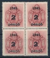 Nagyvárad I. 1945 Barnaportó 2P/2f négyestömb I. és III. típus, egy bélyegen papírránc / block of 4,...
