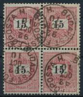1889 15kr négyestömb nagy lemezhibával felül "BUDAPEST FŐPOSTA"