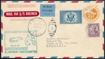 1935 Katapult levél az Egyesült Államokból Budapestre, a Bremen hajóval / Catapult cover from the Un...