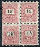 1898 15kr négyestömb luxus minőségben, a jobb felső bélyeg alsó háromszögénél nagy kitörés / plate f...