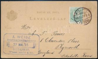 1893 2kr díjjegyes levelezőlapon 3kr, Angliába küldve