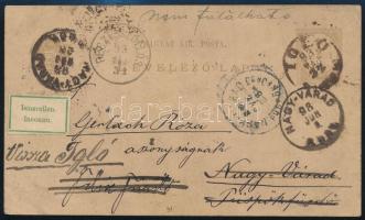 1893 2kr díjjegyes levelezőlap Iglóról Nagyváradra, visszaküldve