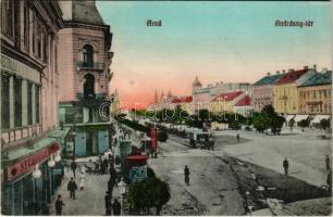 1916 Arad, Andrássy tér, lóvasút, Neumann M., Deutsch Testvérek üzlete, hirdetőoszlopok. Ingusz J. é...