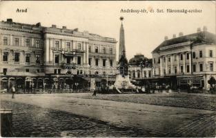 Arad, Andrássy tér, Szentháromság szobor, 1848-1849 Múzeum, Fehér Kereszt szálloda, üzletek. Pichler...
