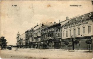 1906 Arad, Andrássy tér, Radó Gyula, Stern M., Andrényi Károly és fiai, Rosmanith A. és fia üzlete, ...