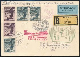 1934 Ajánlott levelezőlap Bécsből Los Angelesbe, Kölnből a Bremen hajóra ill. a hajóról New Yorkba k...