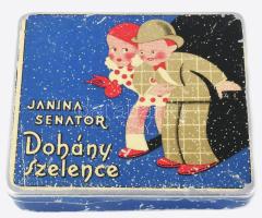 "Janina Senator" Dohány Szelence feliratú fém doboz, kopott, 8x9x1,5 cm