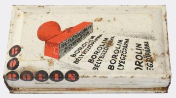 Bokolin bélyegzőpárna fém doboz, tartalommal, kopott, foltos, 9,5x5x1,5 cm