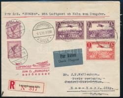1933 Ajánlott levél New Yorkba, az Európa hajóra katapult postával / Registered cover to New York, w...