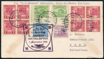 1933 Levél Svájcba, a Bremen hajóról Southamptonba katapulttal szállítva / Cover to Switzerland, wit...