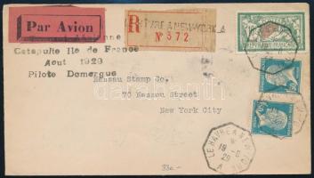 1929 Ajánlott levél Le Havre New York hajópostával, katapulttal New Yorkba / Catapult mail cover