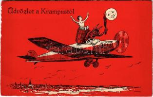 Gruss vom Krampus / Krampusz repülőgépen virgáccsal és hölggyel, Hold / Krampus with airplane, birch...