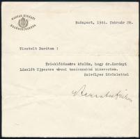 1944 Keresztes Fischer Ferenc (1881-1948) politikus, miniszter aláírása levélen