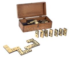 Régi domino készlet, fa dobozban, 9x19 cm