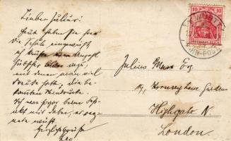 1913.11.12. Képeslap Londonba vasúti postával/Ak nach London mit "k.WÜRTT.BAHN-POST" Stempel