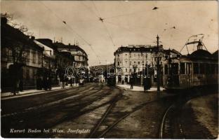 1925 Baden bei Wien, Josefsplatz / square, tram with Bensdorp Cocoa advertisement, Café Josefsplatz ...