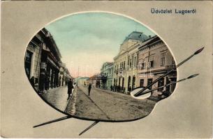 Lugos, Lugoj; utca, Strasser kávéház, üzletek. Auspitz Adolf kiadása, szecessziós montázs festőecset...