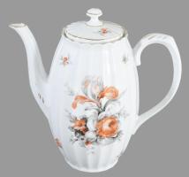cca 1920 antik bordázott testű virágmintás teás kanna, számozott, minimális kopással, m: 23,5 cm