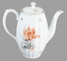 cca 1920 antik bordázott testű virágmintás teás kanna, számozott, minimális kopással, m: 23,5 cm