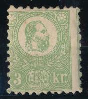 1871 Kőnyomat 3kr zöld, látványosan elfogazva (halvány folt a fejnél) / Mi 2 green, shifted perforat...