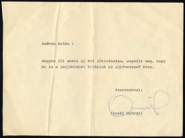 Aczél György (1917-1991) kommunista kultúrpolitikus aláírása jókívánságot köszönő levélen