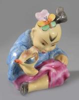 Herendi kínai gyermek madárral, pillangóval figura, kézzel festett, jelzett, hibátlan, m: 8cm