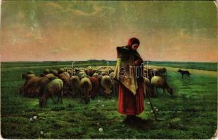 1918 Die Schäferin. Stengel &amp; Co. / The Shepherdess s: Jean Francois Millet (vágott / cut)