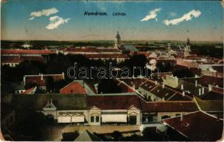 1914 Komárom, Komárno; látkép, Zechmeister János, Brüll József üzlete / general view, shops (kopott ...