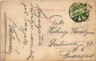 1914 Komárom, Komárno; látkép, Zechmeister János, Brüll József üzlete / general view, shops (kopott ...