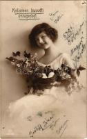 1918 Kellemes húsvéti ünnepeket / Easter greeting postcard with girl. photo (b)