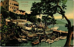 1907 Lovran, Laurana, Lovrana; Hafen-Studie mit Königsvilla / port, villa hotel and restaurant (Rb)