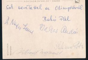 1972 Magyar öttusázók aláírásai a müncheni olimpiáról hazaküldött képeslapon: Bakó Pál (1946-), Balc...