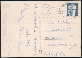 1972 Magyar öttusázók aláírásai a müncheni olimpiáról hazaküldött képeslapon: Bakó Pál (1946-), Balc...