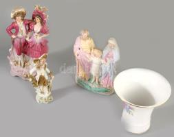 4 porcelán: Hollóházi virágmintás váza, jelzett, hibátlan m: 10 cm + 3 db jelzés nélküli német porce...