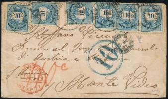 1877 6 x Színes számú 10kr bélyeg levélen, Londonon keresztül Uruguayba küldve. New Yorkban 10c, Uru...