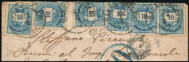 1877 6 x Színes számú 10kr bélyeg levélen, Londonon keresztül Uruguayba küldve. New Yorkban 10c, Uru...