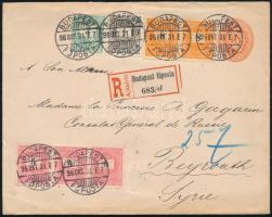 1896 Ajánlott 5kr díjjegyes levél Színesszámú 3kr és Feketeszámú 1kr, 3 x 5kr és 2 x 8kr kiegészítés...