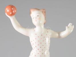 Zsolnay labdázó lányka, Kézzel festett, jelzett, hibátlan 14,5 cm