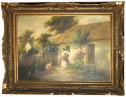 Ács Ágoston (1889-1947): Élet az udvaron. Olaj, vászon, jelezve jobbra lent. Dekoratív, kissé sérült...