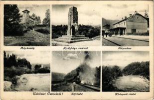 1943 Csucsa, Ciucea; Mozaiklap 6 képpel: Ady-kastély, Királyhágói emlékmű, Pályaudvar, Vasútállomás,...