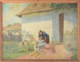 Jelzés nélkül, XX. sz. első fele: Élet az udvaron. Olaj, vászon, kartonon. Kissé sérült. Fakeretben,...