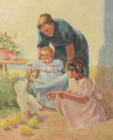 Jelzés nélkül, XX. sz. első fele: Élet az udvaron. Olaj, vászon, kartonon. Kissé sérült. Fakeretben,...